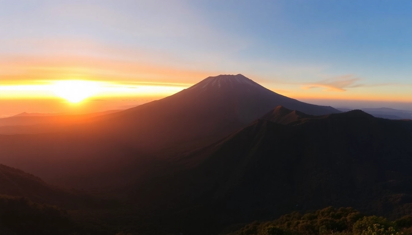 Majestic Mt. Rinjani with lush greenery and a vibrant sunrise, showcasing Indonesia's active volcano.