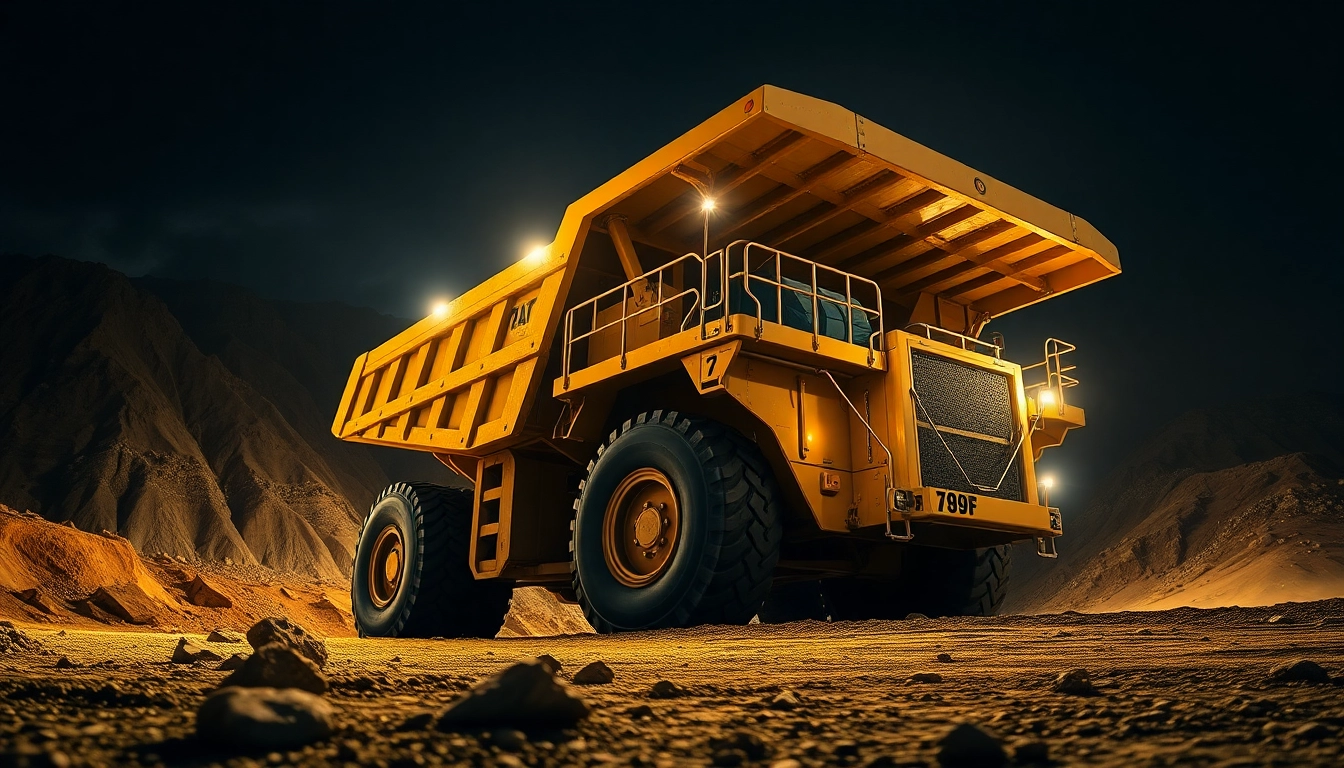 789f mining truck in action on rugged terrain, emphasizing strength and industrial scale for accessibility and brand identity.