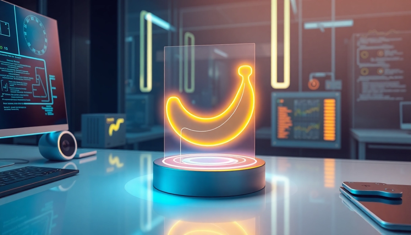 Futuristic AI interface showcasing a holographic banana in a high-tech workspace