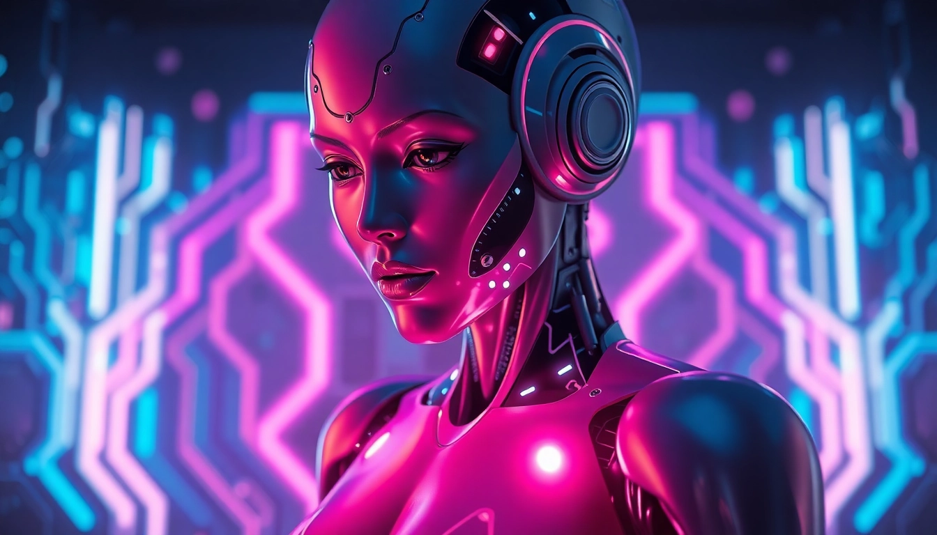 An alluring humanoid robot in a cyberpunk setting with neon lighting and high-tech details.