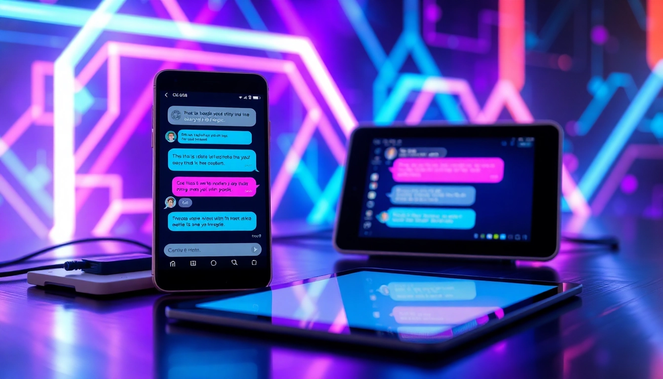 Digital chat interface with AI characters on multiple devices with neon background