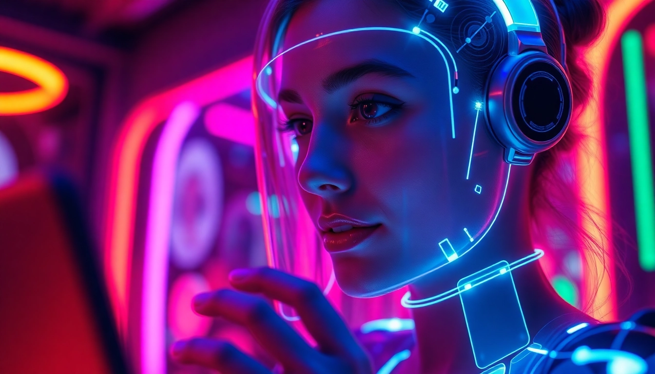 AI girlfriend interacting via a holographic display in a modern digital environment, highlighting advanced virtual companionship technology.