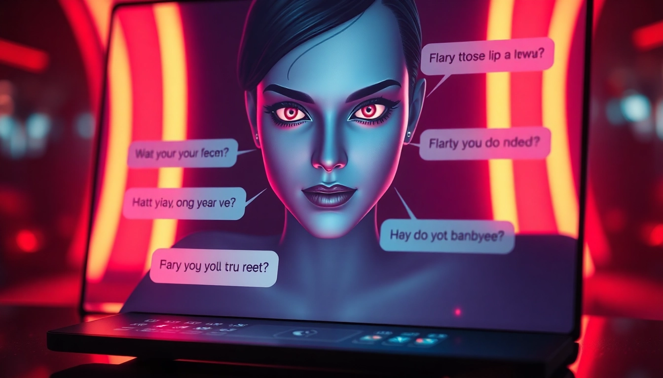 A seductive AI chatbot interface on a digital screen with a provocative digital avatar and intimate lighting.