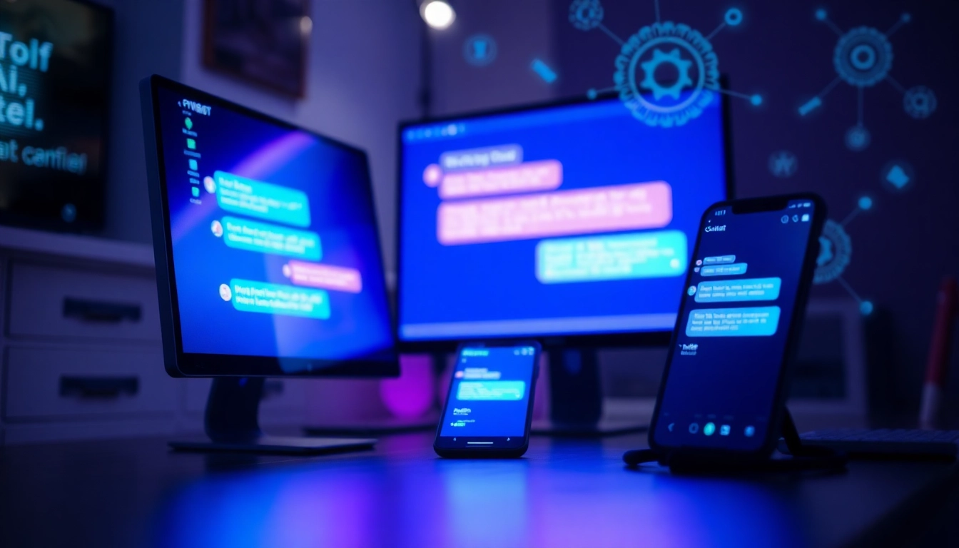 Modern digital devices displaying AI chatbot conversations with vibrant colors and a futuristic vibe.