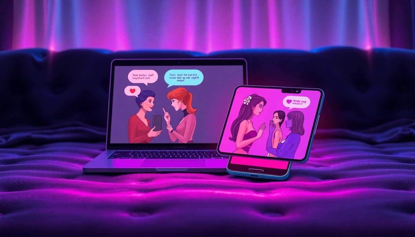 An illustration of a laptop and smartphone displaying colorful AI characters engaged in flirtatious conversations, set on a dark velvet surface with neon lighting.