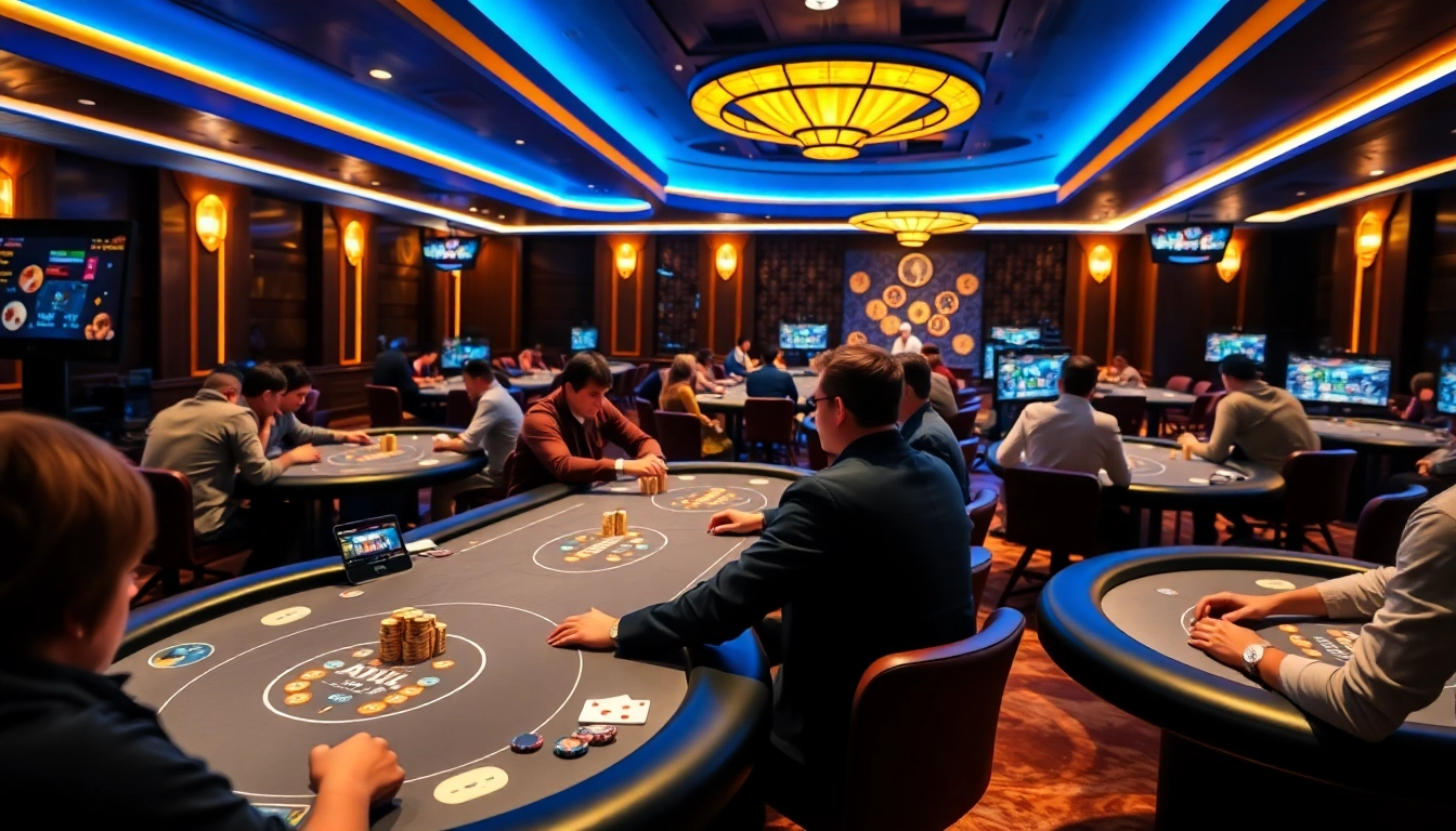 Pokerbros Diamond Union online poker club with players strategizing at digital tables in a modern gaming environment.