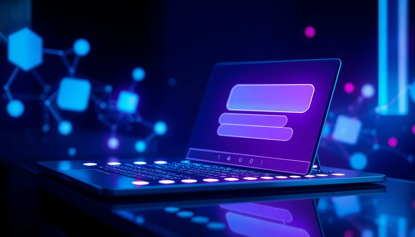 Futuristic AI chat interface with glowing text bubbles and holographic elements on a dark background.