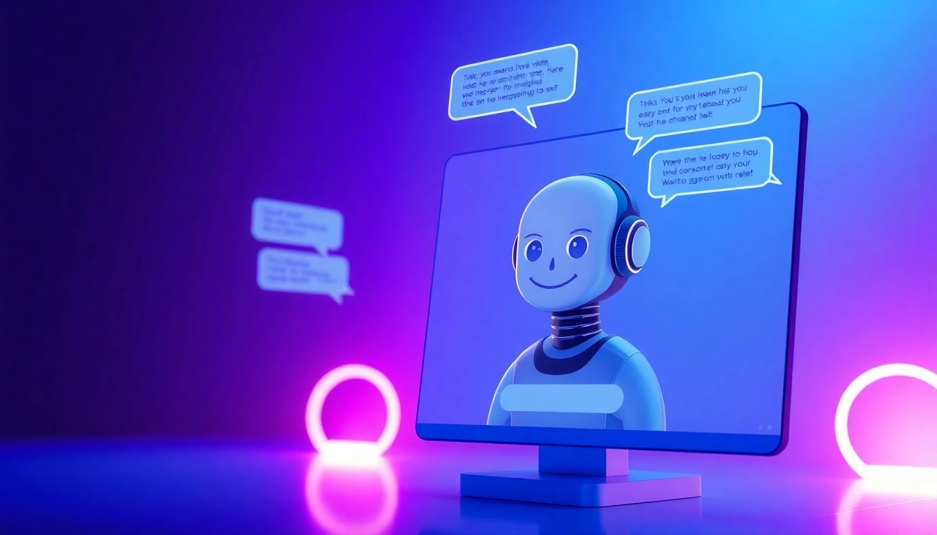 Futuristic chatbot interface with an AI character on a digital screen, glowing neon accents, and holographic elements