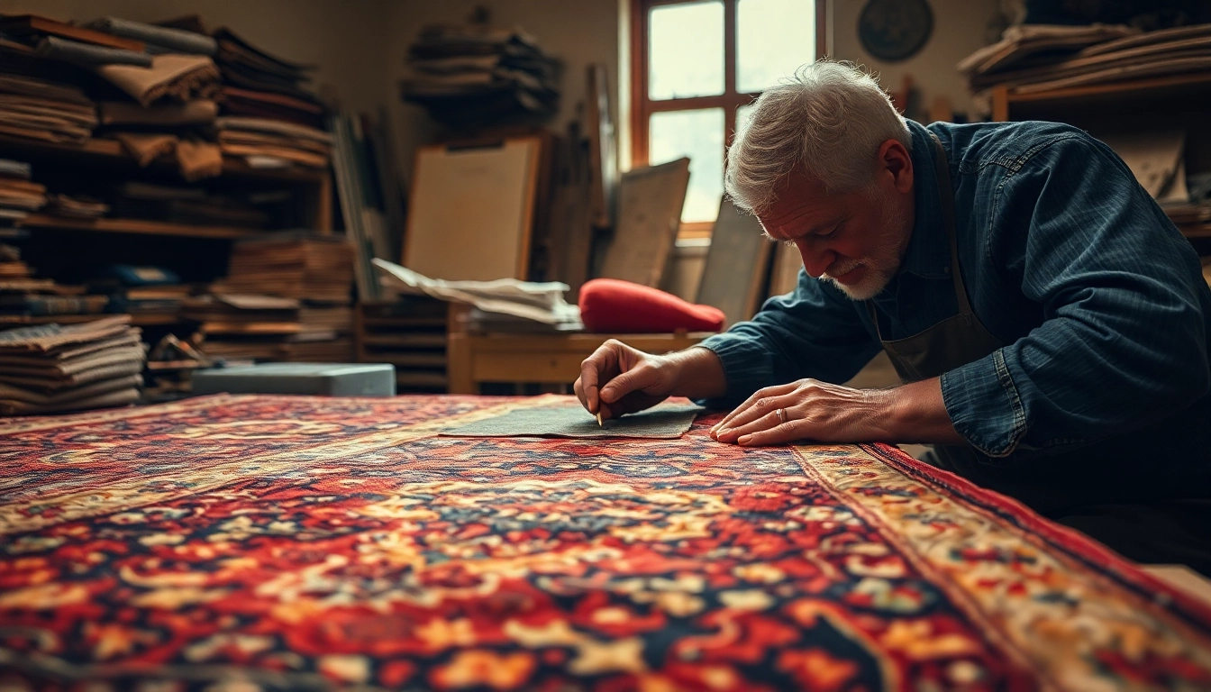 Expert Restauro Tappeti milano technician carefully repairing an elegant antique Persian rug,