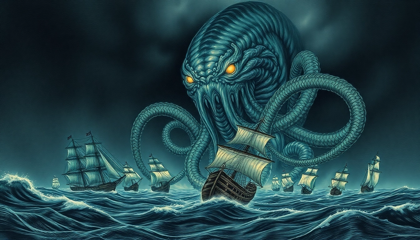 Ancient illustration of a kraken with giant tentacles wrapping ships in dark ocean depths for