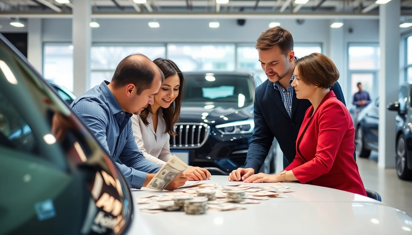 Professional team handling compro auto torino in contanti with cash and car in a modern showroom