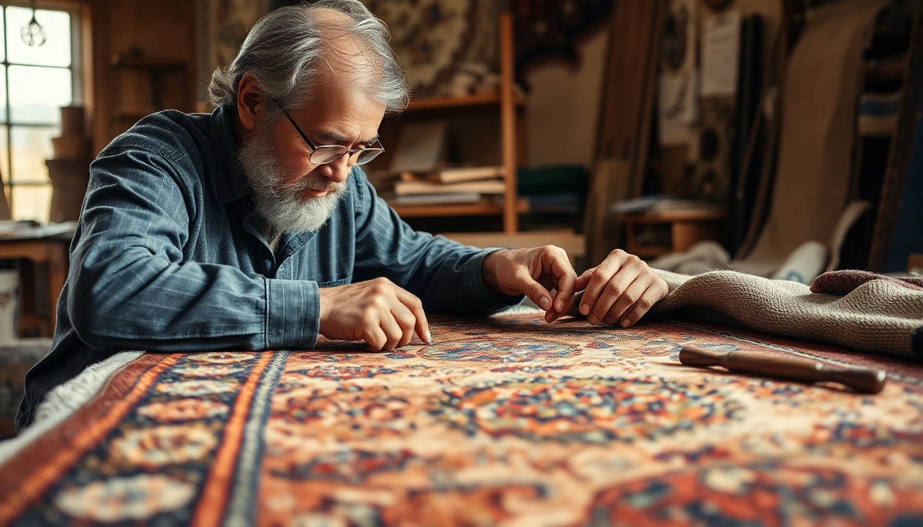 Expert restoring a fine rug showcasing Restauro Tappeti milano craftsmanship with detailed work