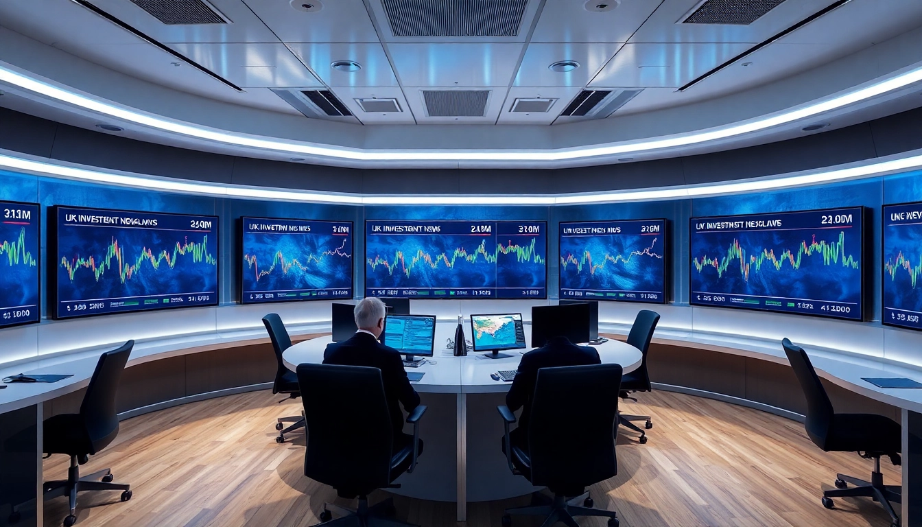 UK Investment News updates showcased on screens in a professional office setting, highlighting