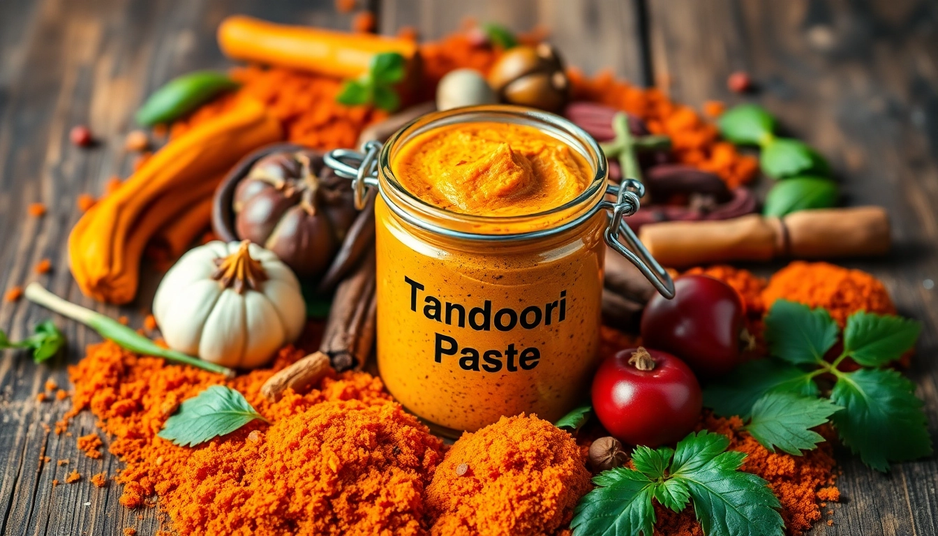 High-quality Tandoori Paste displayed with spices for flavorful Indian dishes, emphasizing