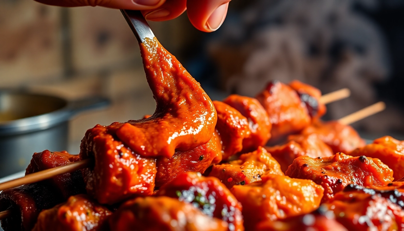 Tandoori Paste applied to skewered meats for grilling, showcasing rich color and texture
